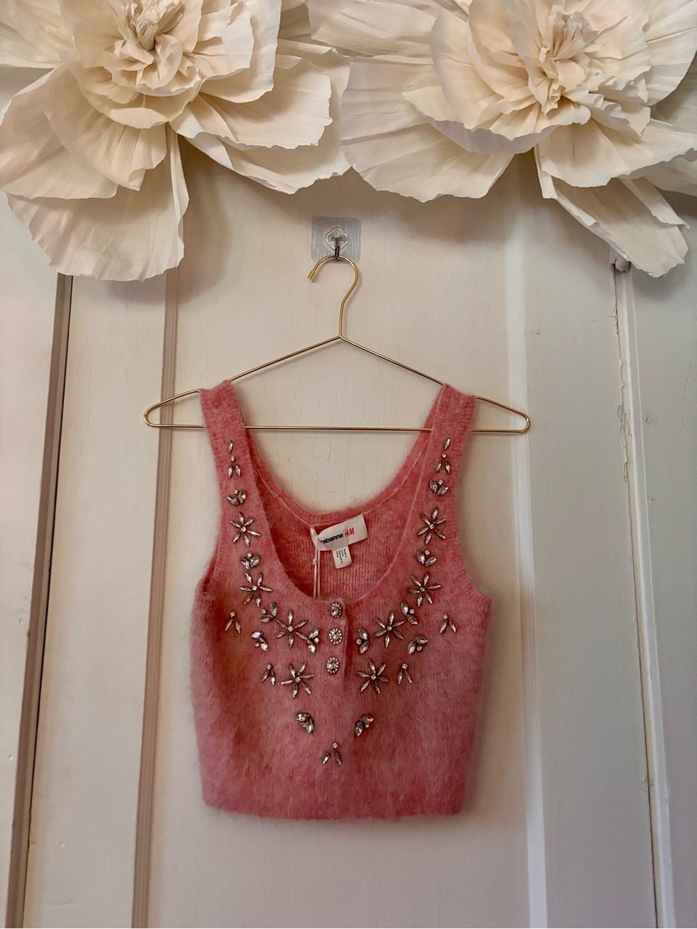 NWT | H&M Pink Embellished Fuzzy Crop Tank Top